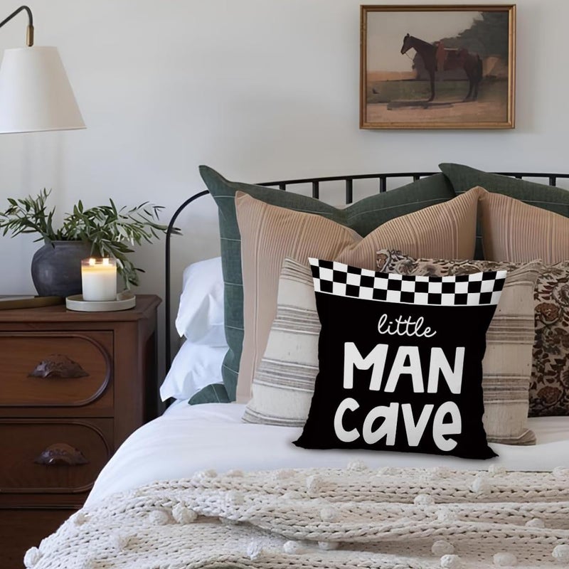 ETVISO Boys Car Room Decor, Little Man Cave Pillow Cover 18x18, Trendy Black and White Checkerboard Decorative Throw Pillow Case for Boys Bedroom Playroom Nursery - Image 3